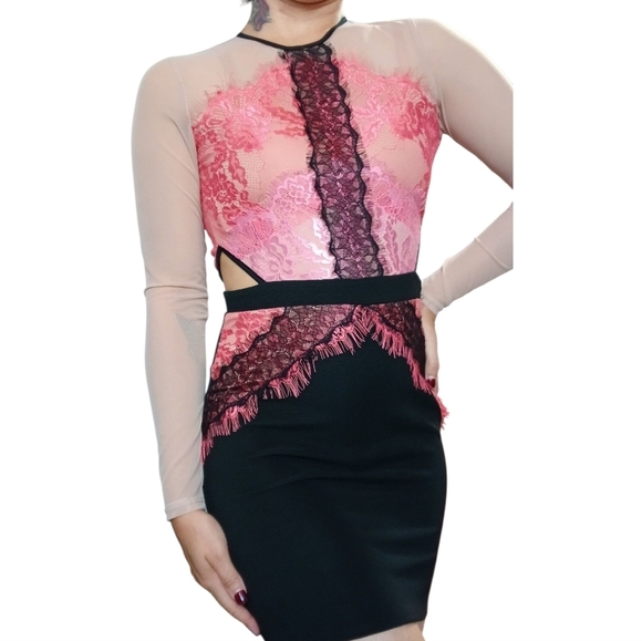 Topshop Black Pink Nude Lace Midi Dress Size 4 NWT - Picture 4 of 7